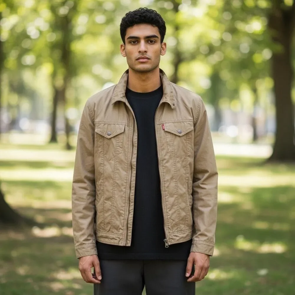Levi's Two Pocket Military Jacket Mens Small Olive Green Hooded Full Zip